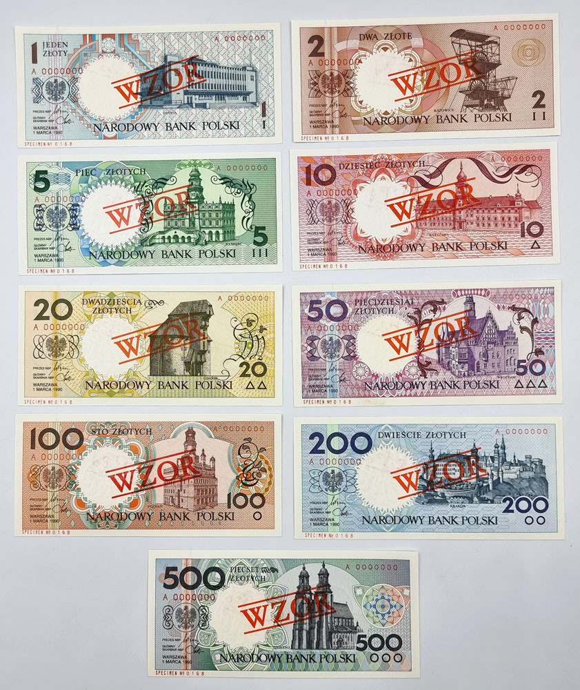 Komplet Miasta Polskie 1-500 złotych 1990 WZÓR/SPECIMEN